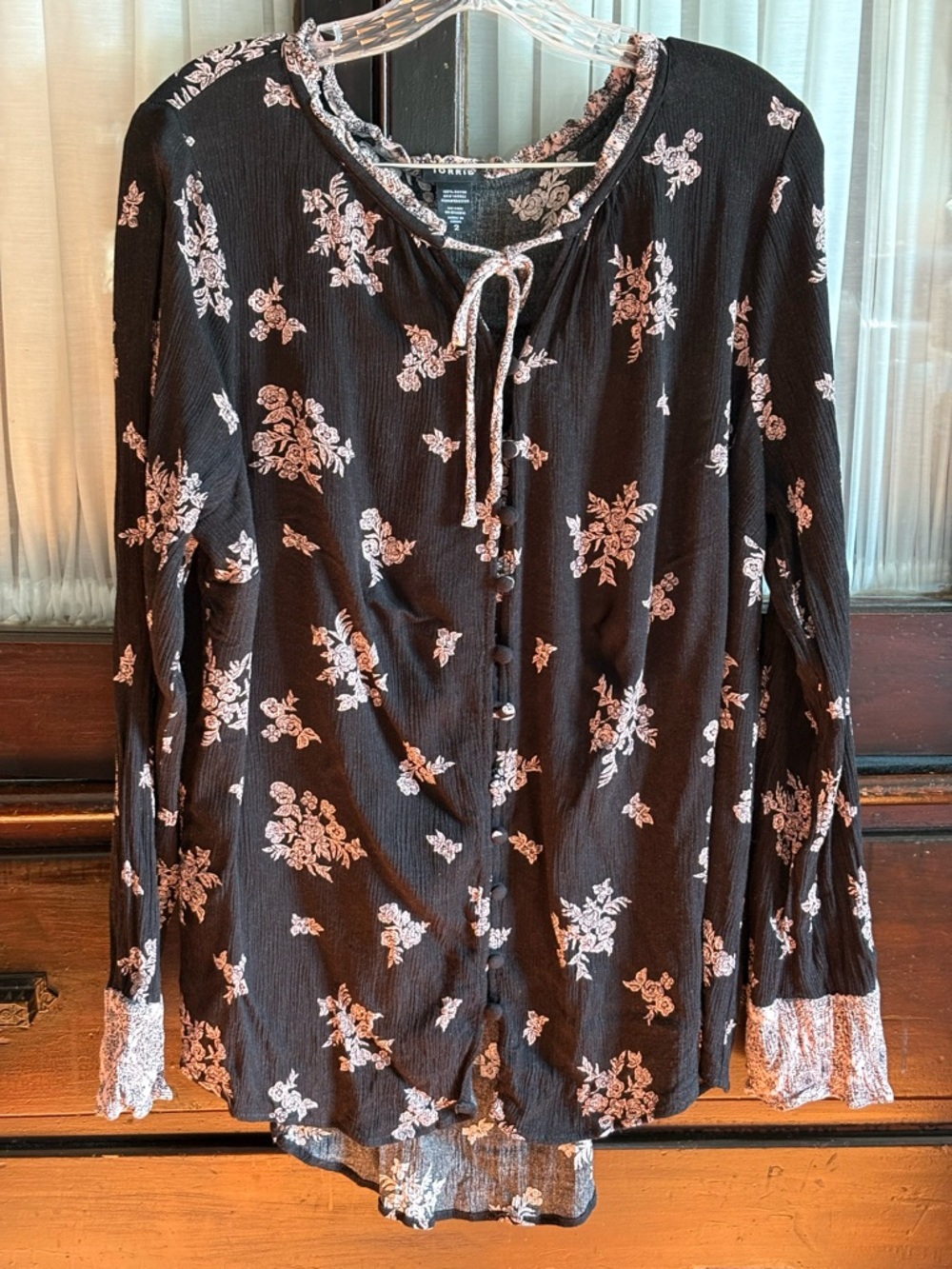 torrid Black Blouse with Soft Pink Floral Tie-Neck
